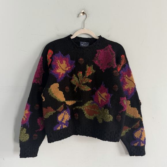 Vintage Woolrich Leaves Acorn Black Wool Mohair Retro 90’s Sweater - Picture 2 of 4